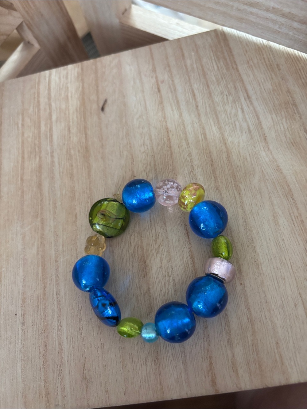 Chunky Blue and Green Glass Beaded Stretch Bracelet